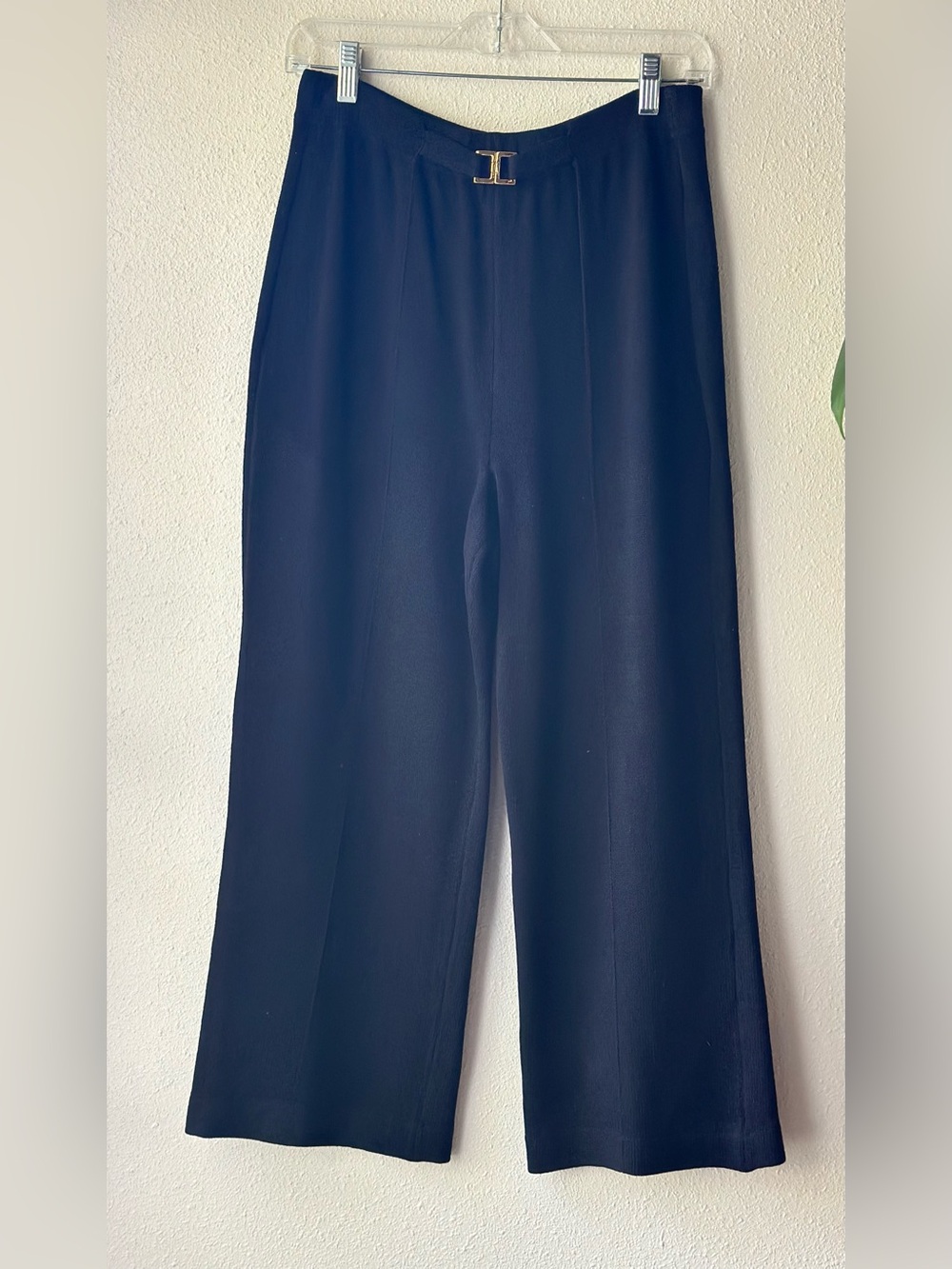 VTG St John Collection Marie Gray Santana Knit Pants Black Gold Buckle Size 10